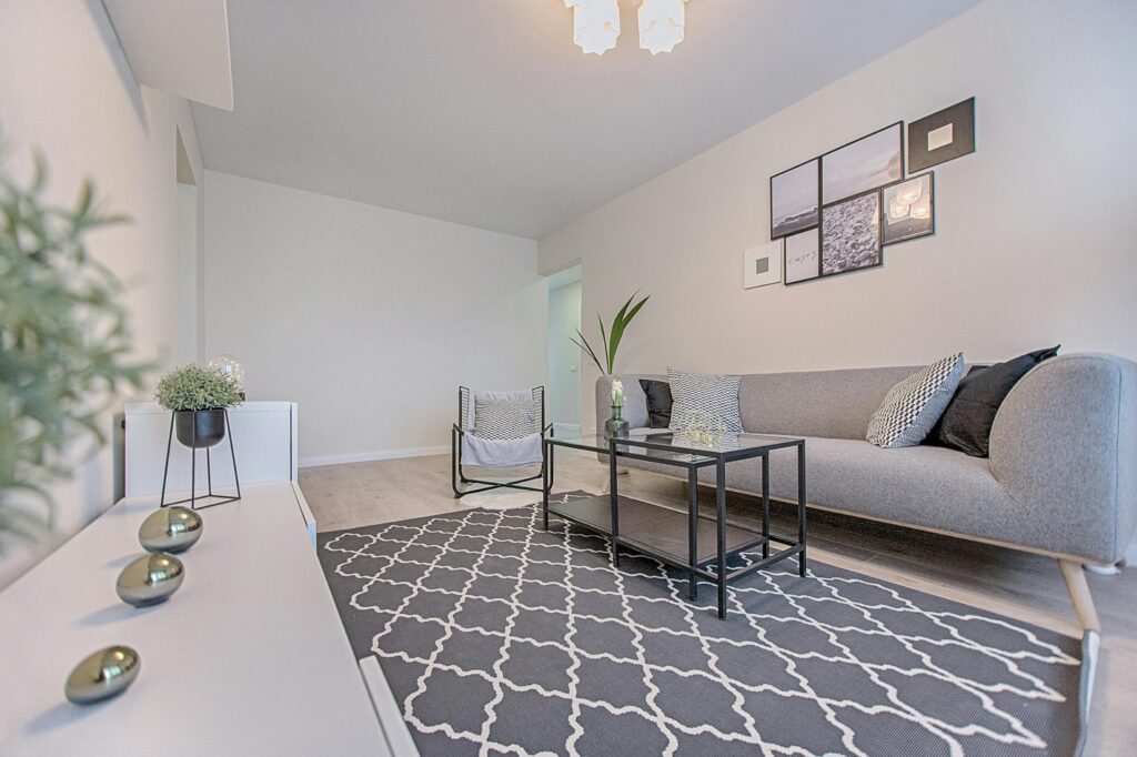 Stylish and minimalist living room interior with a modern design in Vilnius, Lithuania.